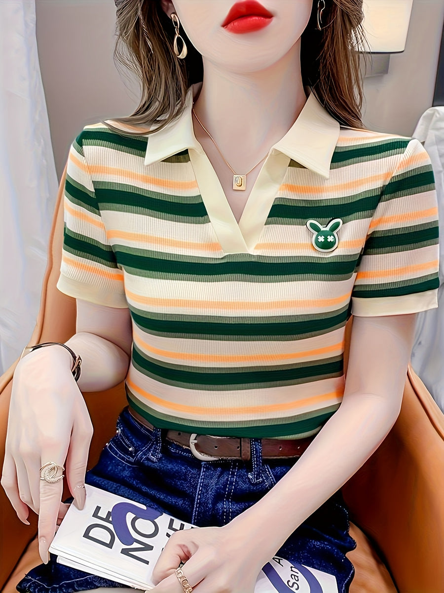 Summer Short-Sleeved T-Shirt for Women, 2025 New Style, Elegant Color-Blocking Stripes, Slim-Fit, Halfopen Collar, Short Top - Stripe