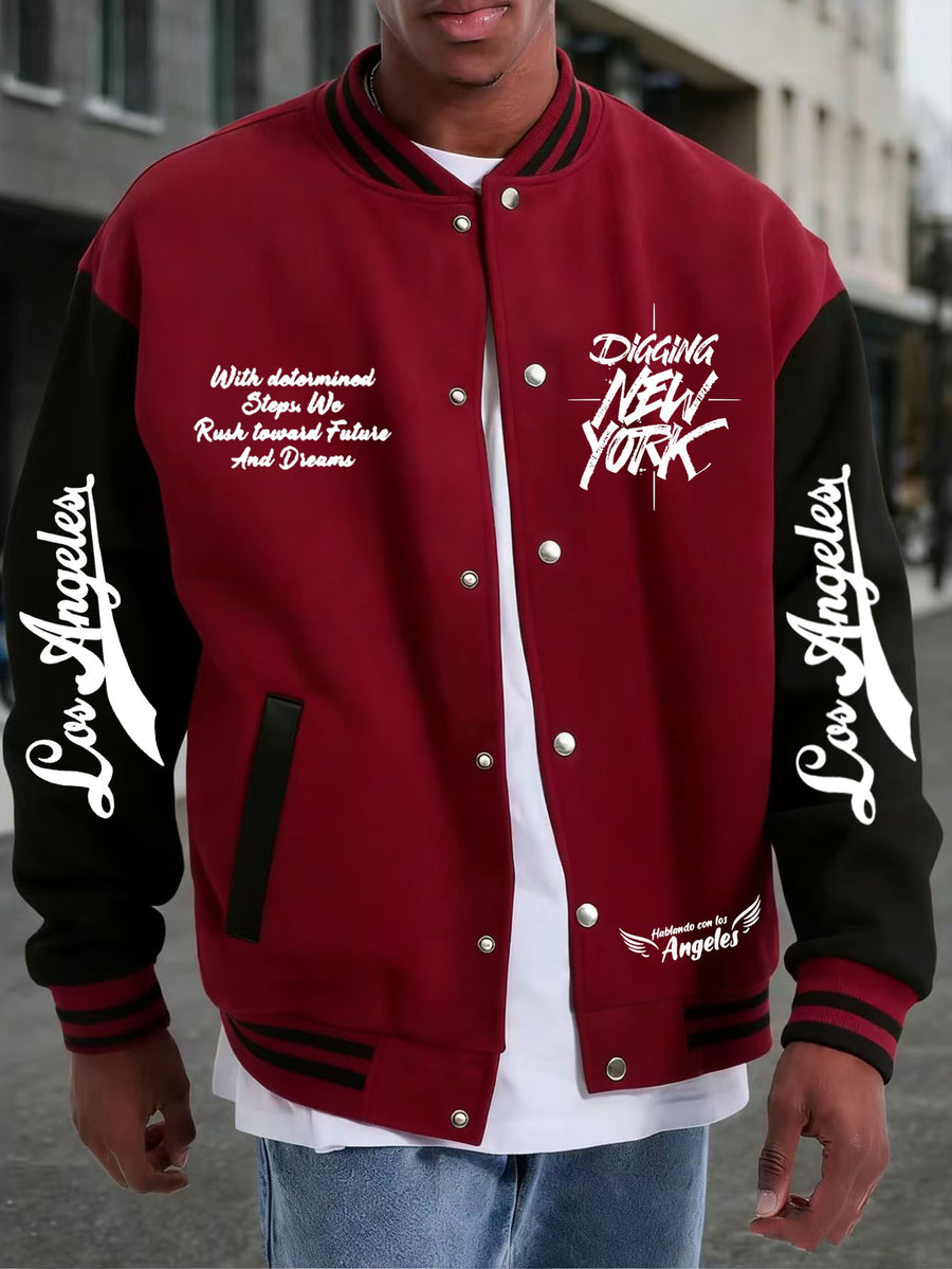 Men's Essential New Baseball Jacket: Color-Block Varsity Style New York Los Angeles Series Printed Jacket - Polyester, Baseball Collar, Pockets - 8 Colors Available for All Seasons, Versatile Fashion for Parties, Outings, and Outdoor Sports - Burgundy
