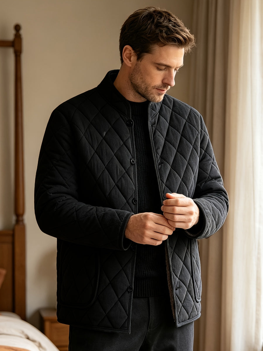 Men's Winter -Lined Padded Coat, Solid Color with Diamond Diagonal Stitching, Pockets, Stand-Up Collar, Casual Warm Outerwear - Black