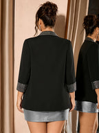 Women'S Sequin Patchwork Three-Quarter Sleeve Elegant Party Casual Suit Jacket Top - Black