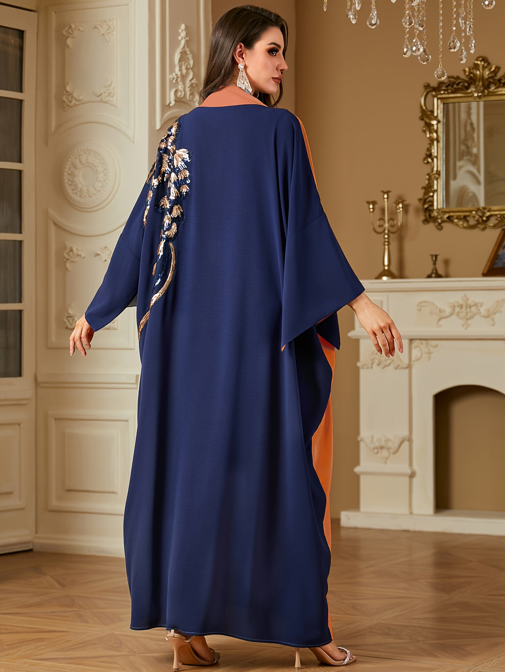 Fashion Contrast Color Patchwork Sequin Bead Bat Sleeve Long Sleeve Loose Dress - Orange