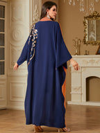 Fashion Contrast Color Patchwork Sequin Bead Bat Sleeve Long Sleeve Loose Dress - Orange