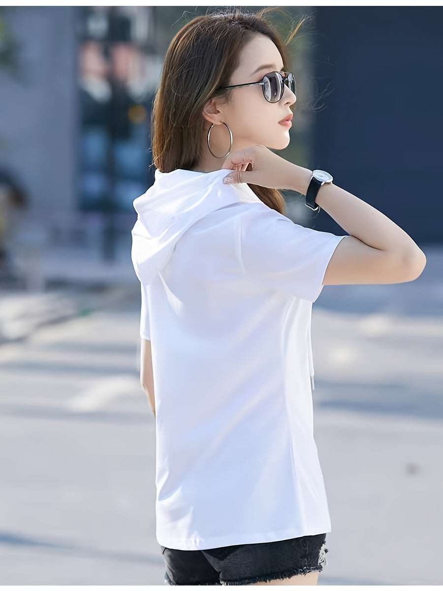 Hooded Short-Sleeved T-Shirt Women'S Summer New Korean Version Loose Casual Hooded Top - White