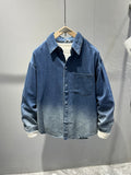 Men's Washed Denim Shirt Jacket, Retro Casual Loose Long Sleeve Coat for Spring Autumn, Style 6607 - Navy Color