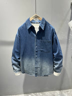 Men's Washed Denim Shirt Jacket, Retro Casual Loose Long Sleeve Coat for Spring Autumn, Style 6607 - Navy Color