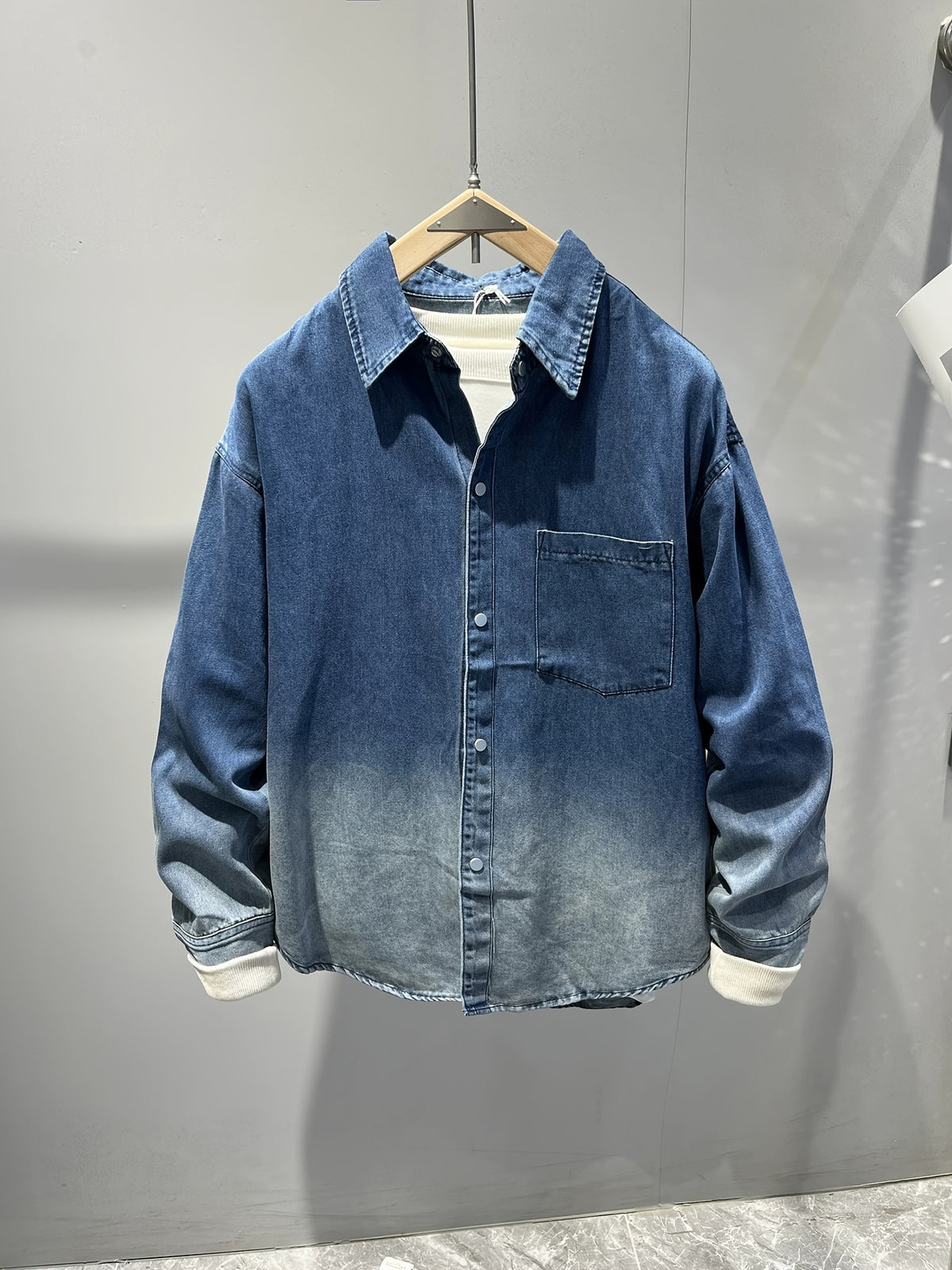 Men's Washed Denim Shirt Jacket, Retro Casual Loose Long Sleeve Coat for Spring Autumn, Style 6607 - Navy Color
