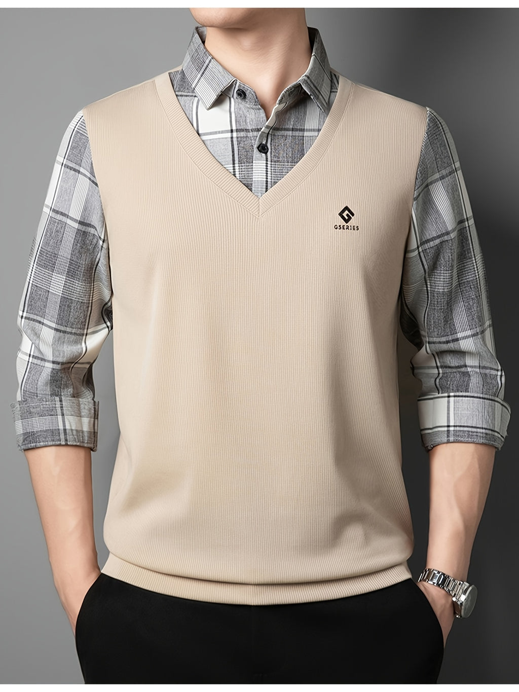 Men's 2-in-1 Look Long Sleeve Golf Polo Shirt, V-Neck Mock Vest Pullover, with Exquisite Logo on the Chest, Gray Plaid Shirt Collar and Cuffs, Breathable and Comfortable Polyester Top, Suitable for Adult Men's Weekend Gatherings, Outdoor Walks - Off-white
