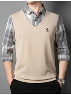 Men's 2-in-1 Look Long Sleeve Golf Polo Shirt, V-Neck Mock Vest Pullover, with Exquisite Logo on the Chest, Gray Plaid Shirt Collar and Cuffs, Breathable and Comfortable Polyester Top, Suitable for Adult Men's Weekend Gatherings, Outdoor Walks - Off-white