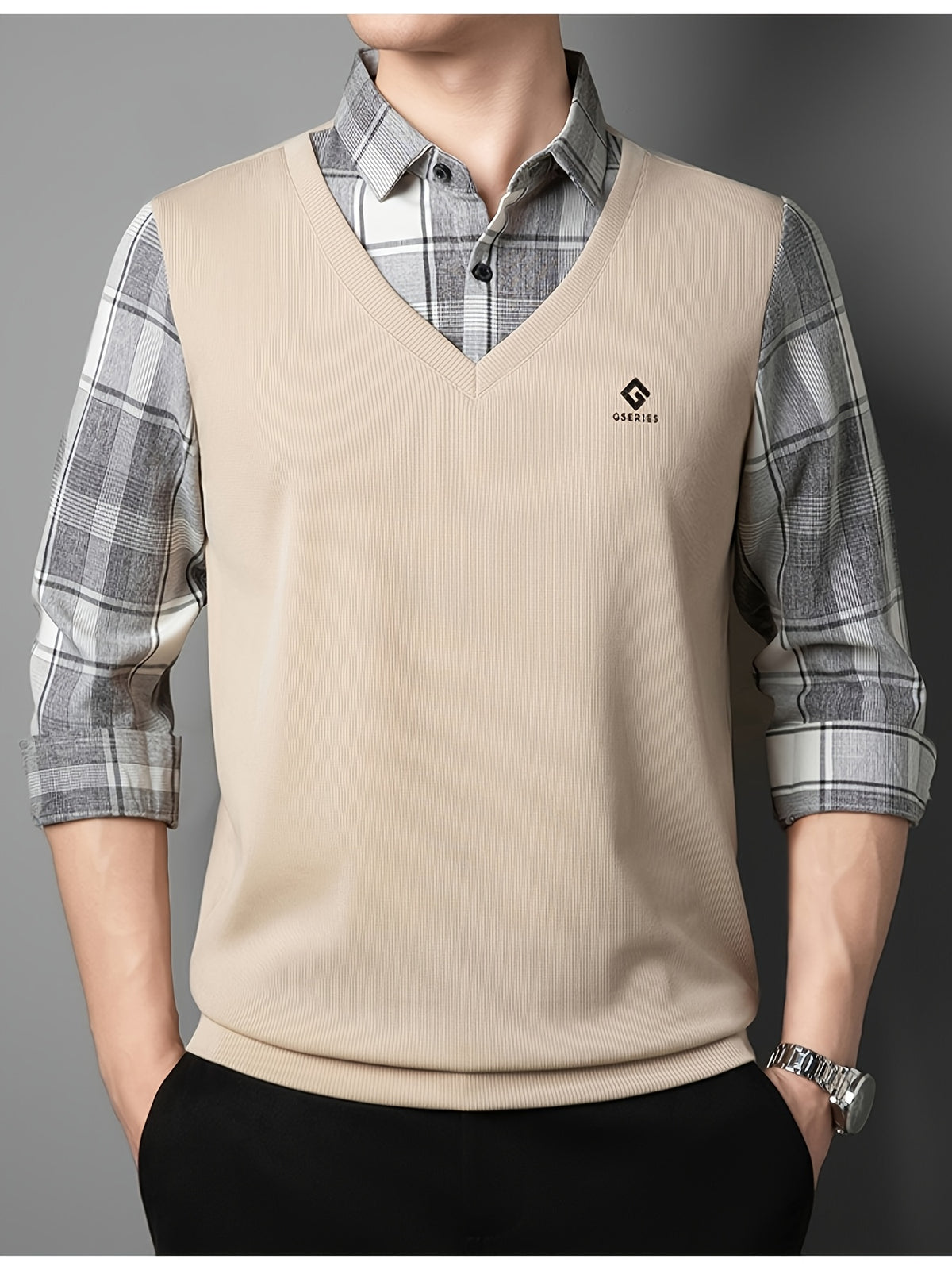 Men's 2-in-1 Look Long Sleeve Golf Polo Shirt, V-Neck Mock Vest Pullover, with Exquisite Logo on the Chest, Gray Plaid Shirt Collar and Cuffs, Breathable and Comfortable Polyester Top, Suitable for Adult Men's Weekend Gatherings, Outdoor Walks - Off-white