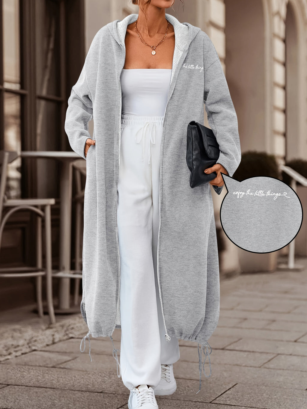 A Long Hooded Coat for Women in Autumn And Winter, Featuring Front And Back Prints in White Handwritten Style Saying 'Enjoy The Little Things'. It'S Comfortable And Casual, Suitable for Daily Commutes And Various Occasions - Grey