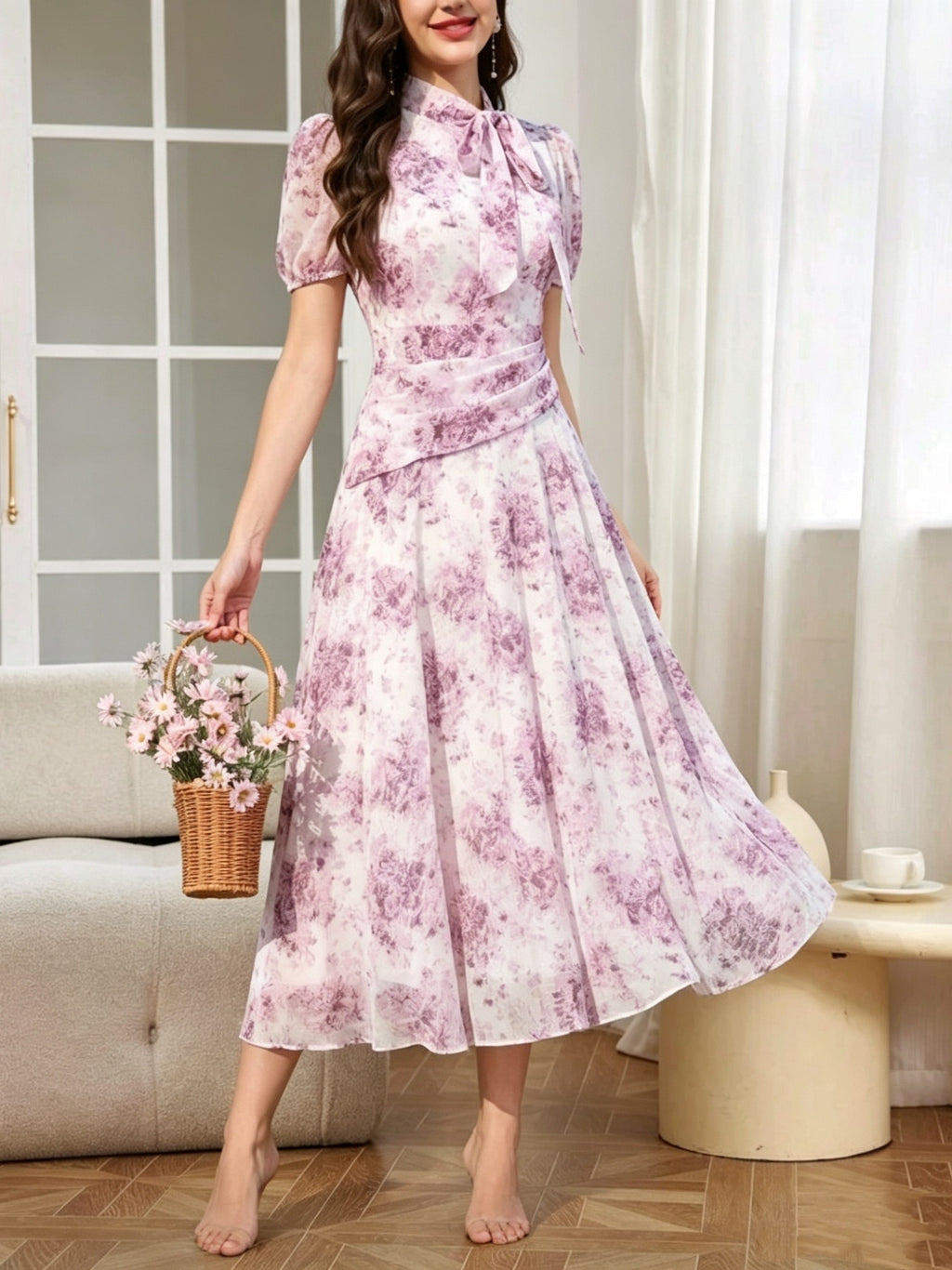 Women'S Dress, Fashion Stand Collar Tie-String Holiday Long Dress, Elegant Printed Fitted Short Sleeve Dress - Light Purple