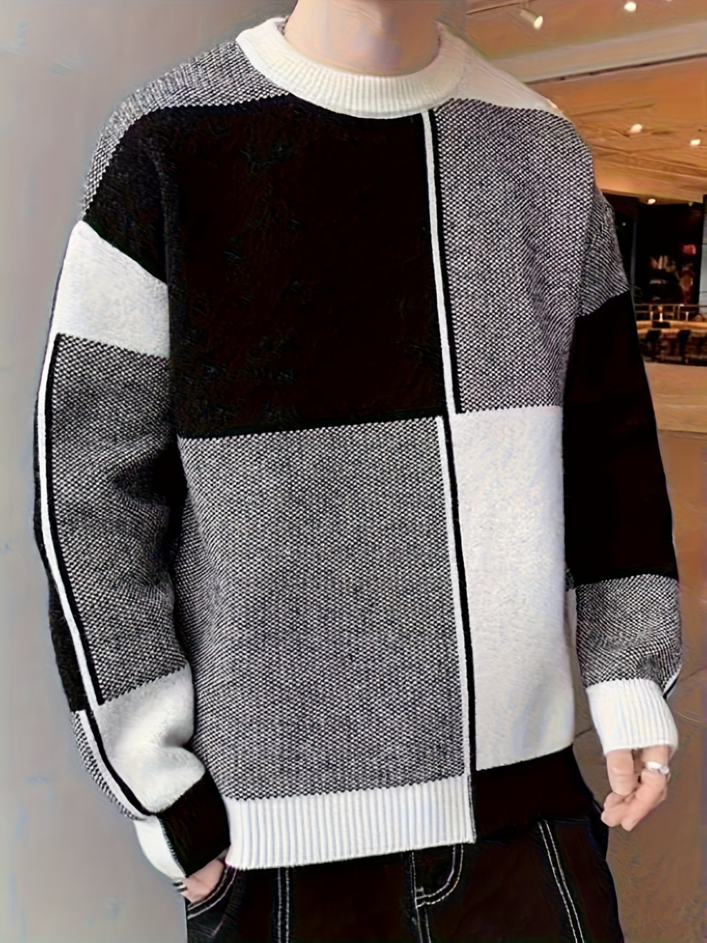 Men's Color-Block Sweater Fall Winter Warm Round Neck Sweater Suitable for Daily Wear & Layering, Color-Blocking with Ribbed Collar, Hand Washable Stretchable Sweaters for Office, Casual Outfits - Black