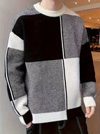 Men's Color-Block Sweater Fall Winter Warm Round Neck Sweater Suitable for Daily Wear & Layering, Color-Blocking with Ribbed Collar, Hand Washable Stretchable Sweaters for Office, Casual Outfits - Black