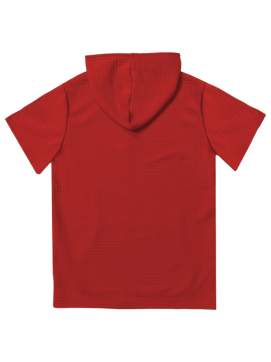 Men's Short-Sleeve Hoodie with Plaid Texture - Solid Color Hooded, Machine Washable Summer Casual Wear Suitable for Daily Outings, Gifts, Commemorative Present for Friends, Versatile Layering for Warmth (Regular Fit) - Blood Red