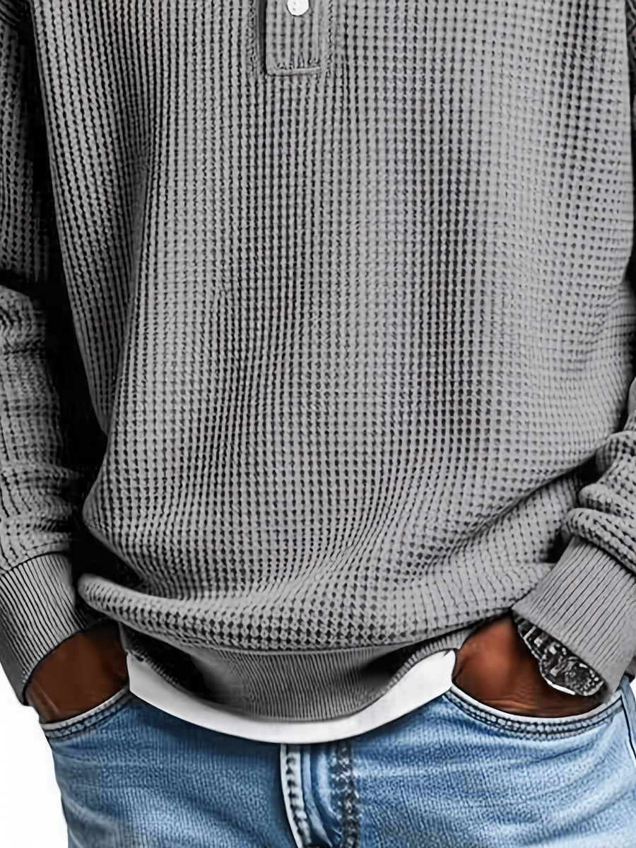 Men'S Waffle Checkered Color-Block Long Sleeve Collared Sweatshirt, Solid Color Patchwork Pullover, Traditional Casual Design with Outdoor Layering Long Sleeve, Suitable for Various Activities - Dark Gray