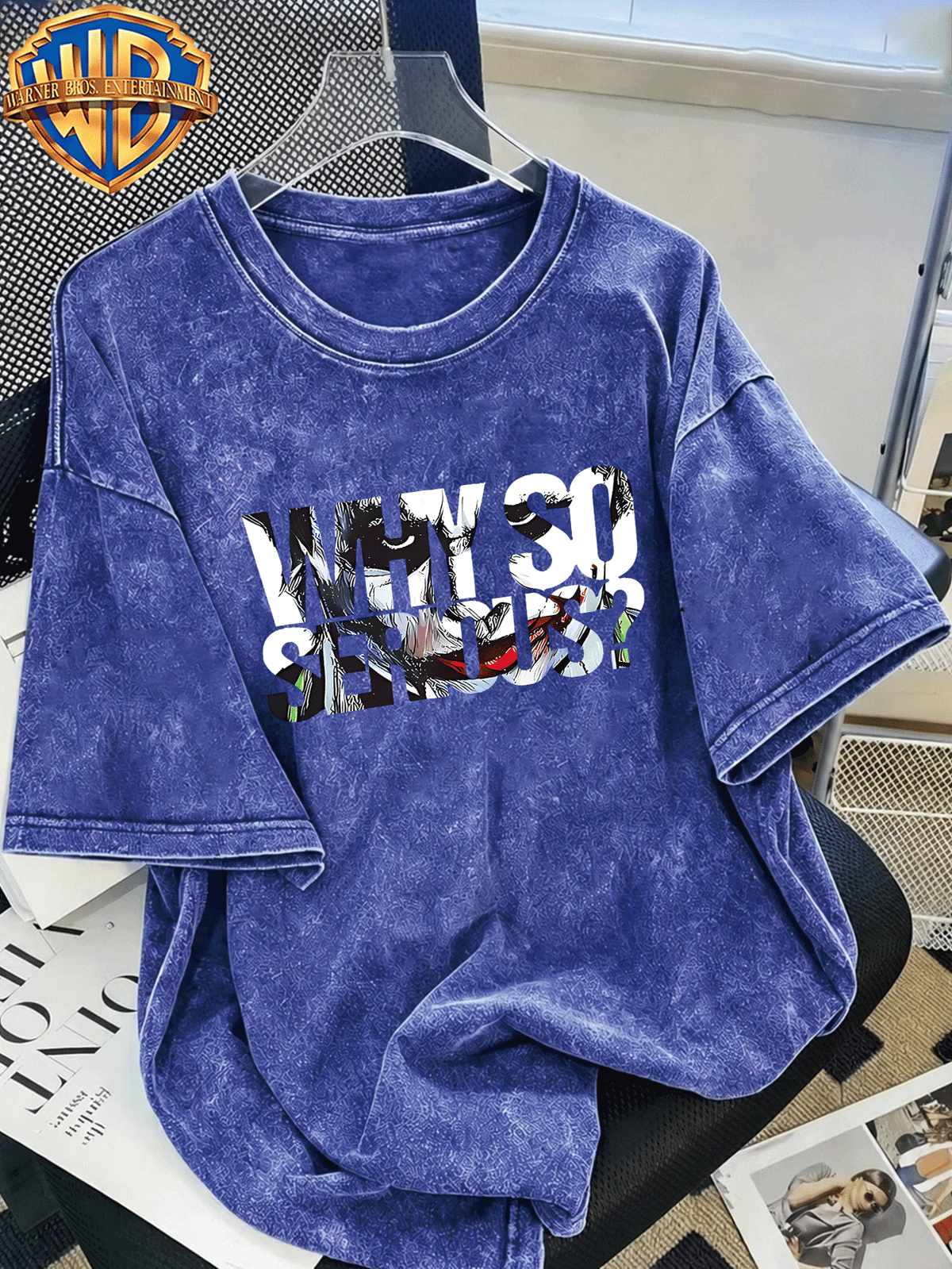 100% Washed Distressed T-Shirt, WHY SO SERIOUS Joker Letter Patchwork Print, American Retro Street Cool Short Sleeve Top, Suitable for Outdoor Wear, Gym, Office, And Daily Fashion, Essential for Men'S Wardrobe - Unisex - Royal Blue