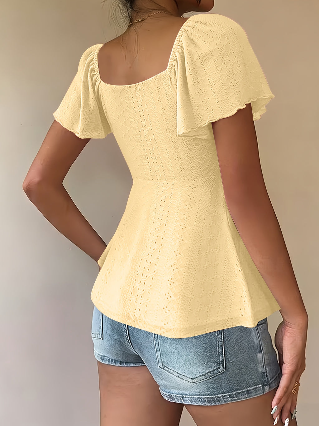 Fashionable and Elegant Spring/Summer New Arrival Y2K Solid Color Jacquard Comfortable and Breathable V-Neck Drawstring Short Sleeve Top Women's T-Shirt - Yellow