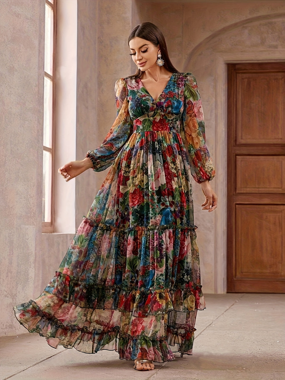 P432 V-Neck Cake Skirt, Multi-Layer Ruffled Flowing Mesh Long Dress, Party Evening Bohemian Style Colorful Women'S Bridesmaid Dress - Multicolor