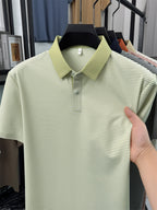Men's Short-Sleeve Lapel Polo Shirt - Breathable Summer Business Casual T-Shirt with Striped Collar, Half-Sleeve Suitable for Office, & Semi-Formal Wear - Tongsen Store 1 (Regular Fit) - Bright Green