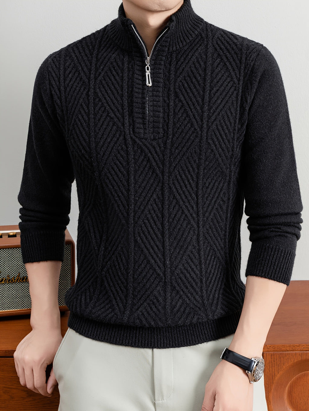 Men's Half-Zip Stand Collar Sweater with Zippered Panel & Striped Jacquard Knit - Warm Winter Pullover, Stretchable Stand Collar Suitable for Casual Office Wear, Layering Top, Hand Washable Regular Fit Blazer Compatible - Black