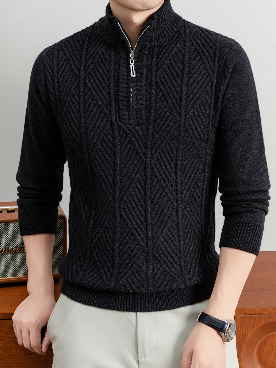 Men's Half-Zip Stand Collar Sweater with Zippered Panel & Striped Jacquard Knit - Warm Winter Pullover, Stretchable Stand Collar Suitable for Casual Office Wear, Layering Top, Hand Washable Regular Fit Blazer Compatible - Black