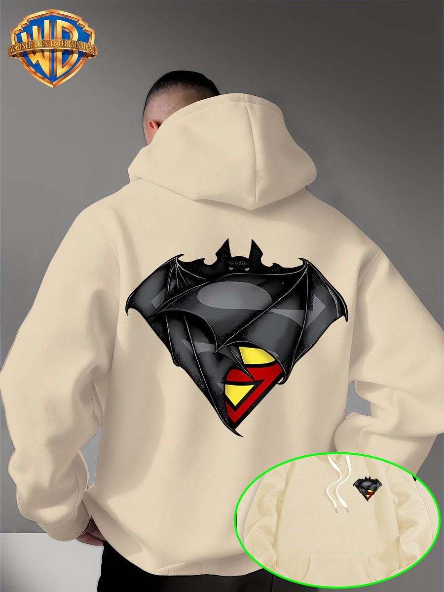 WB Warner Bros DC Official Justice League Superman-Batman Fusion Logo Hooded Sweatshirt - -Lined Hoodie Suitable for Men & Women, Unisex Couple's Gift, Adjustable Drawstring Hood, Iconic Logo Print for Casual Winter Wear, Machine Washable - Apricot