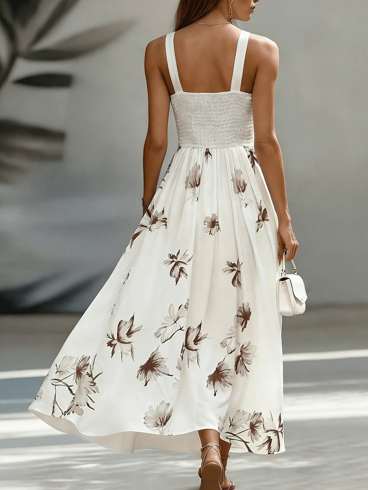 Women'S New V-Neck Backless Ruched Dress, Contrast Color Patchwork Floral Print Flared Long Dress, Fashionable Elegant Commute Vacation, Street Trendy, Date Party, Daily Wear Light Luxury Bridesmaid Dress Gown, Suitable for Spring Summer - Coffee Brown