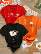 Spring Summer New Women'S Round Neck Smiling Flower Smile Series Printed Fashion 3Pcss Set Short Sleeve Summer 3Pcss Set Cool Short Sleeve - Red, black, orange