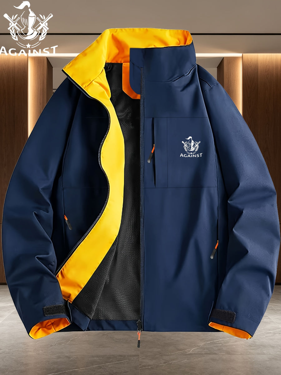 Double Sword Torch AGAINST Vintage Badge Navy Lining Stand-Up Collar Windproof Jacket Men Women Spring Autumn White Multi-Pocket Outdoor Windbreaker, Solid, Loose Fit, Long Sleeve, Zip - Navy Color