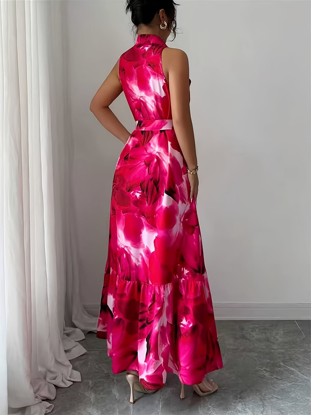 Women's Elegant A-Line Bridesmaid Dress with Collar & Button Belt Waist - Tailored Cinched Waist Long Length Dress Suitable for Weddings, Proms, Formal Events, Machine Washable Wedding Dress - Red