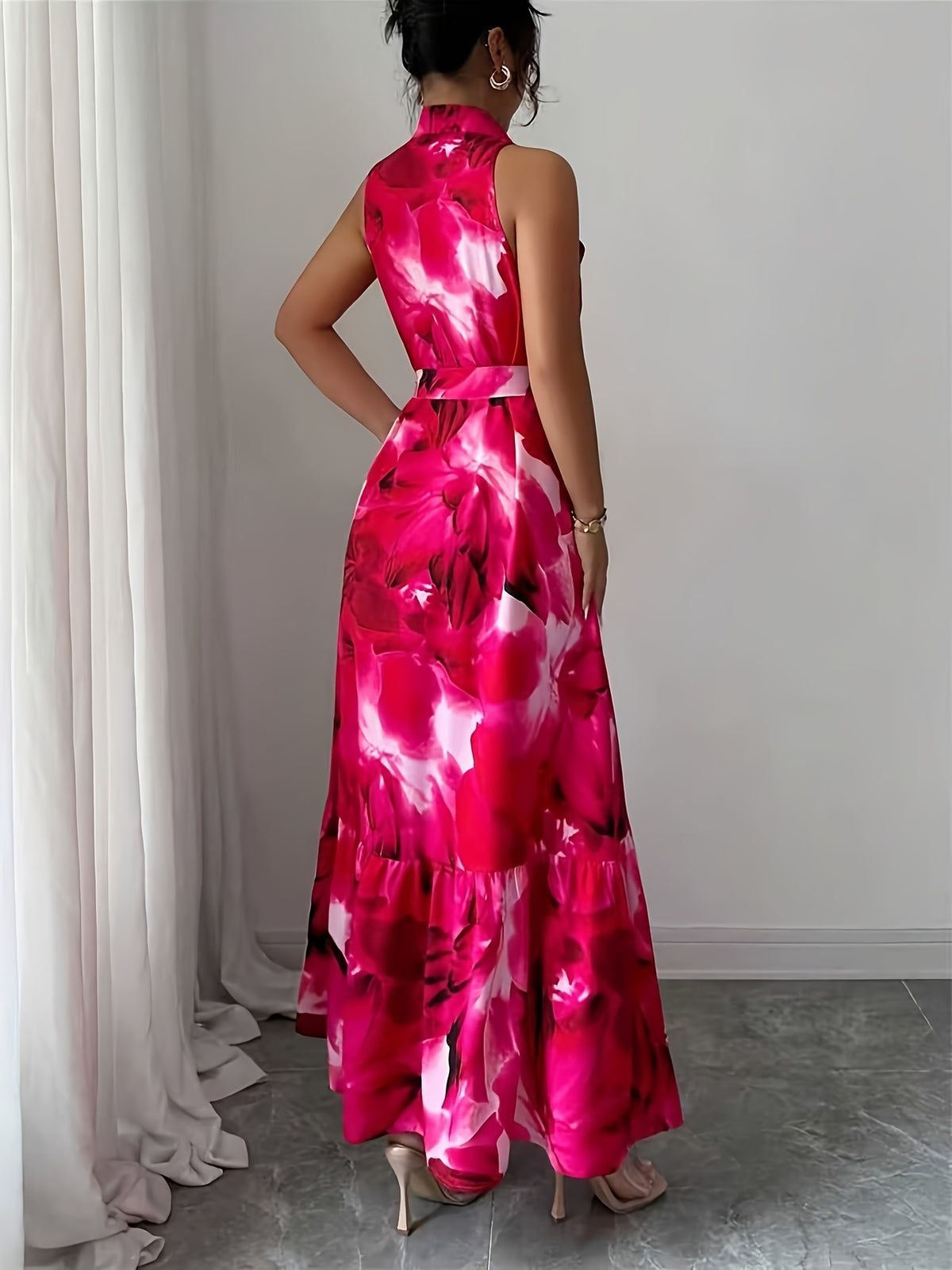 Women's Elegant A-Line Bridesmaid Dress with Collar & Button Belt Waist - Tailored Cinched Waist Long Length Dress Suitable for Weddings, Proms, Formal Events, Machine Washable Wedding Dress - Red