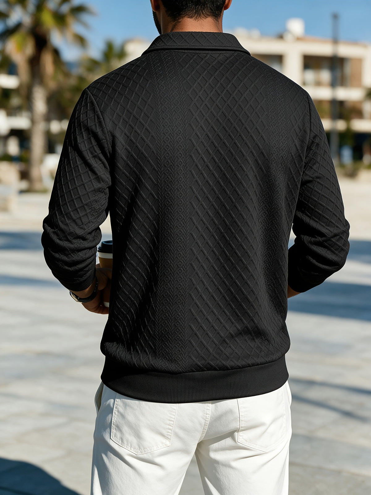 Premium Rhombus Men's Long Sleeve Polo Shirt with Notched Lapel and Small V-Neck Design, a Top for Men's Commuting and Party Wear (Texture Random) - Black
