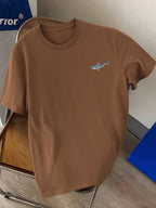 New Men's 100% Pure Cotton T-Shirt with Shark Print, Comfortable and Breathable, Versatile for Summer Casual Wear - Coffee Brown