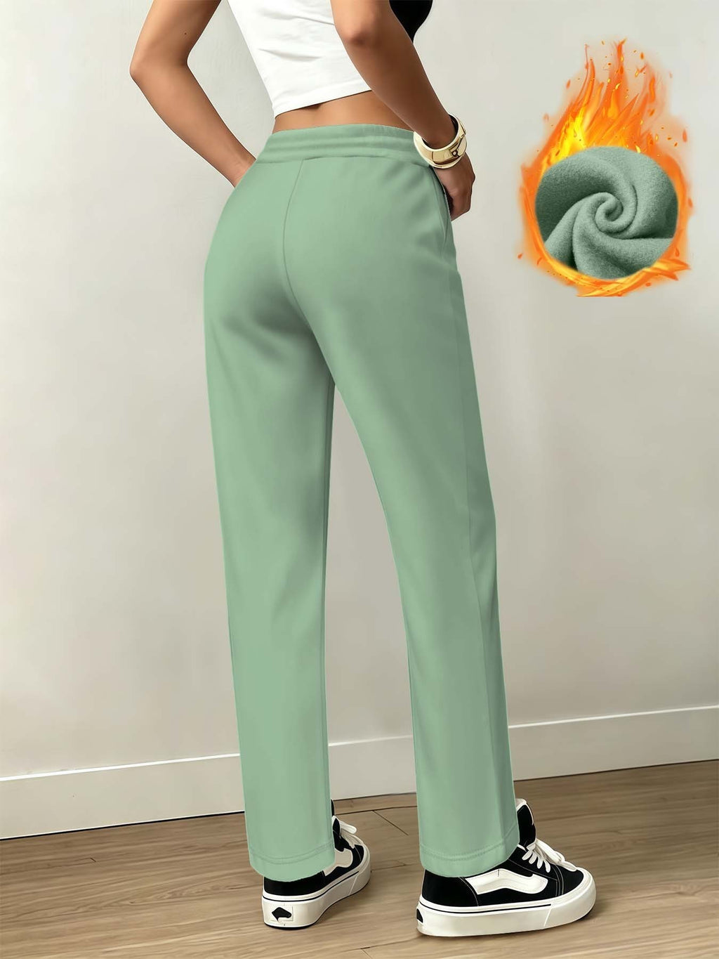 Lazy Atmosphere Women'S Fleece-Lined Sweatpants, Loose Straight Fit, Warm And Non-Porous Casual All-Match Autumn Winter Trousers - Light Green