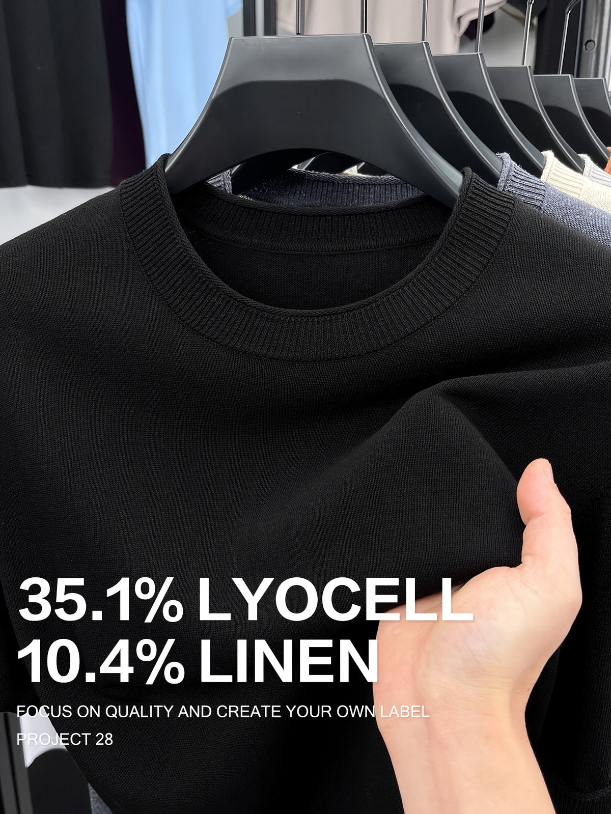 35.1% Lyocell And 10.4% Linen High-Quality Light Luxury Men'S Short Sleeve Round Neck Pullover Knit T-Shirt Fashion Casual Suitable for Outdoor Sports Golf Base Layer Floral Yarn Knit Fabric Collar Rolled Edge Craft Easy Commute Light Business Style - Extra Black