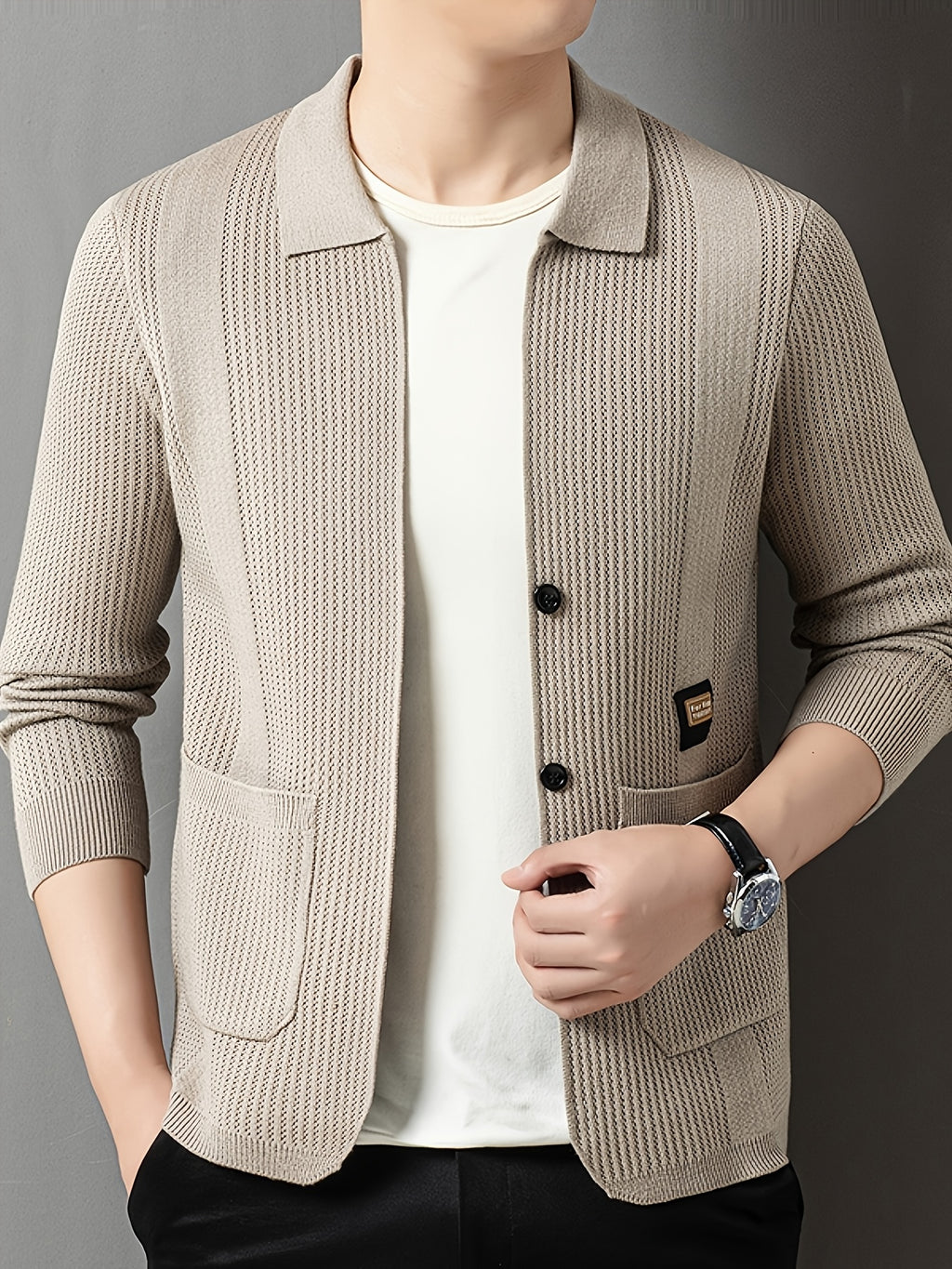 Men'S Spring Autumn Lapel Knit Jacket Cardigan - Khaki