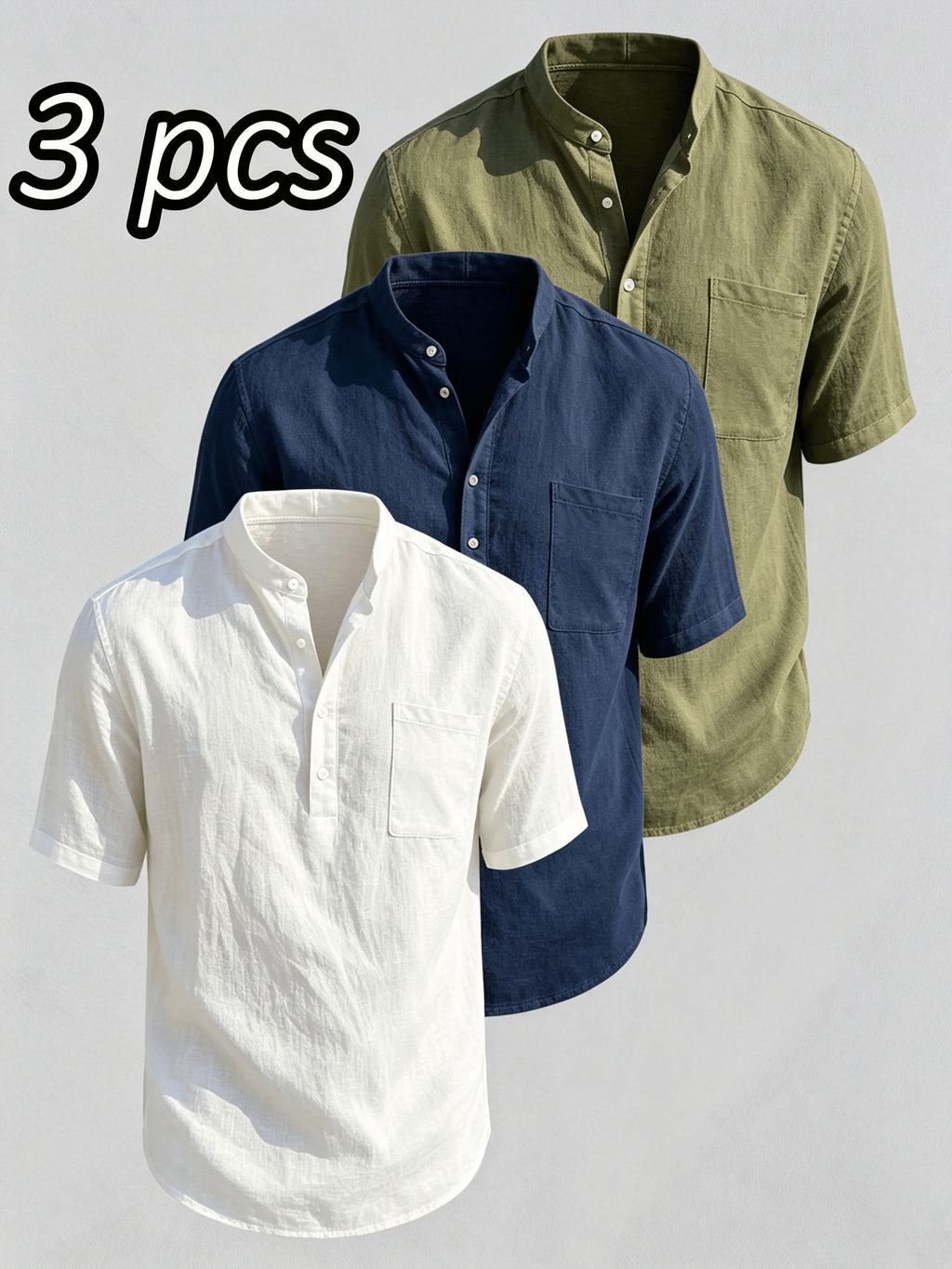Men'S 3pcs Set of Stand-Collar Henley Short-Sleeve Shirts, Summer Thin Casual Button-Up Shirts, Chest Pocket Loose Breathable Solid-Color Short-Sleeve Tops - White + navy + green