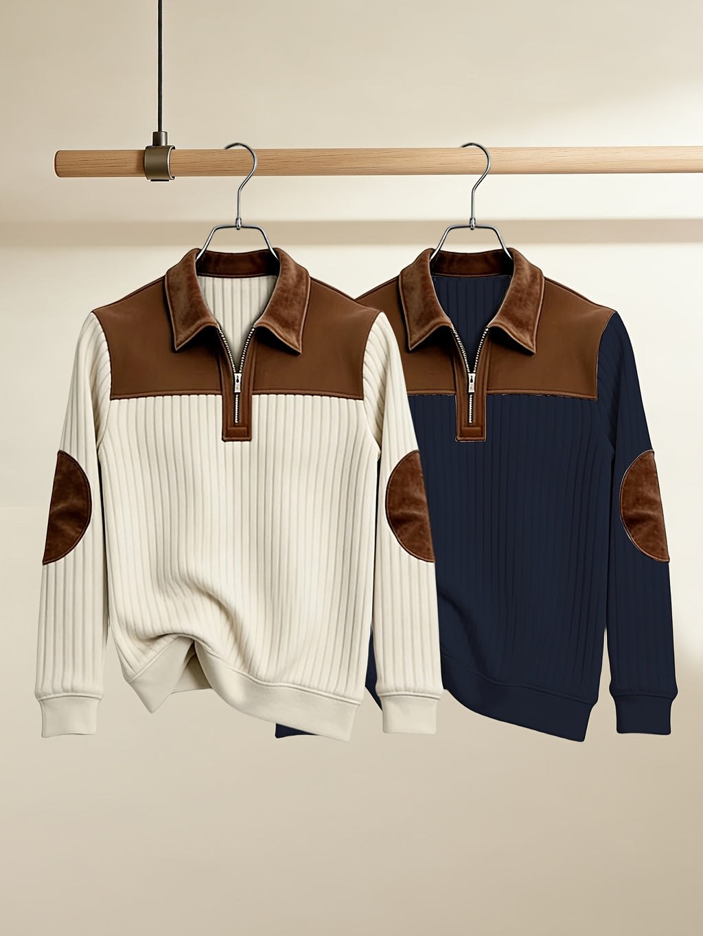 Men's Casual Long Sleeve Lapel Pullover with Patchwork Half-Zip Design, Two-pc, Multiple Colors Available, Men's Outdoor Casual Wear Suitable for Outdoor Sports and Vintage Casual Styling - Apricot+Navy Blue