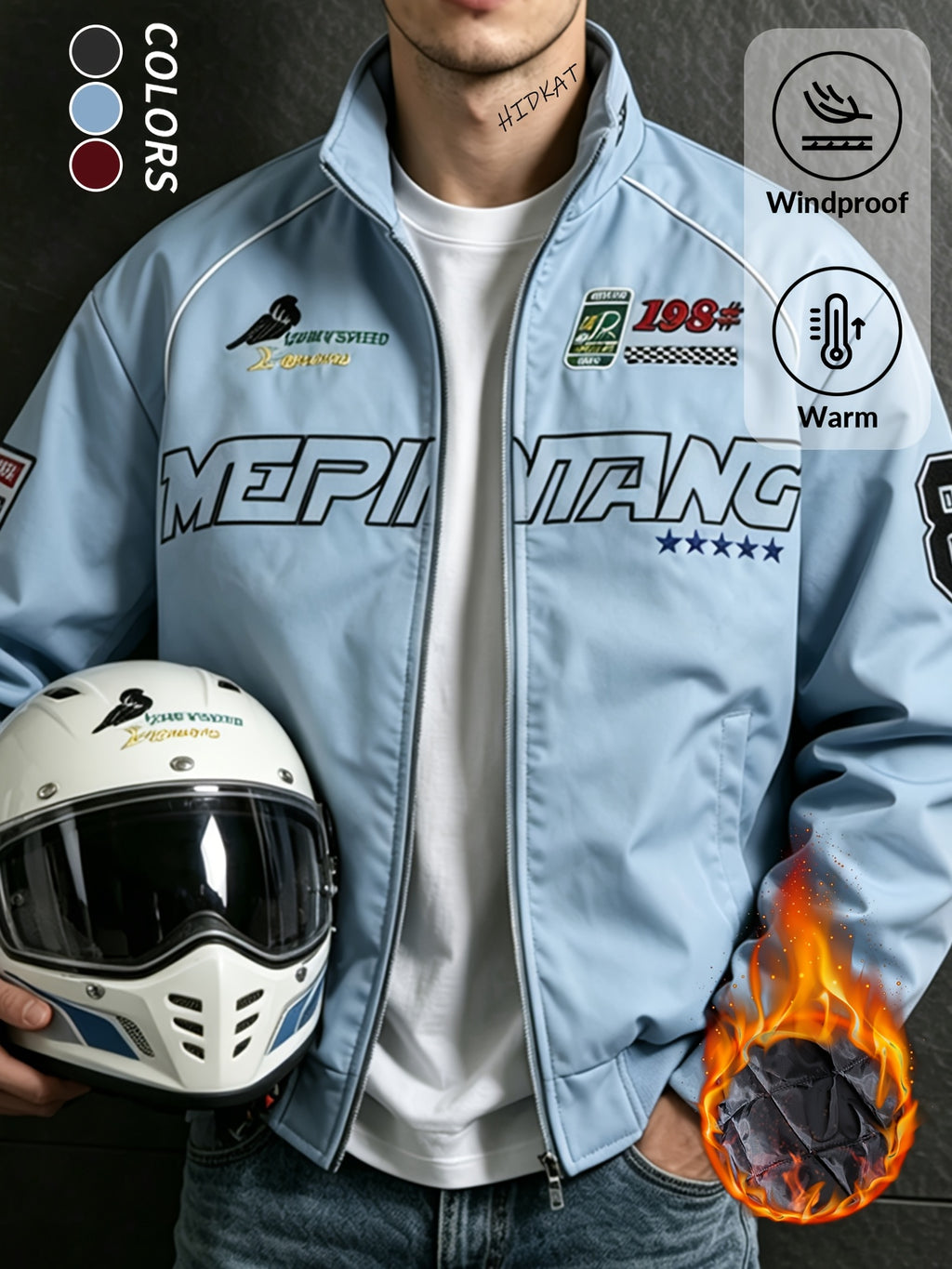 Men'S Thickened Windproof Racing Style Jacket, Stand Collar Full Zip Closure, Letter Patch Badge Decor, Windproof And Warm, Loose Fit, Multi-Color Available, Suitable for Autumn/Winter Motorcycle Riding, Road Trips, Travel Holidays, City Commuting - Blue