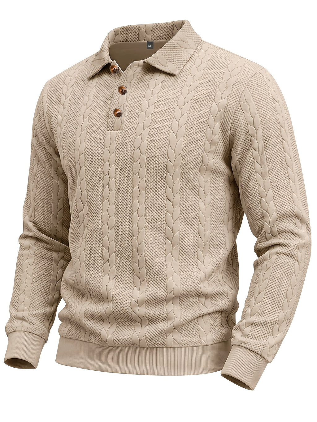 1pc Men's Striped Jacquard Long-Sleeve Polo Shirt, Autumn/Winter Textured Vintage Style Outdoor Casual Henley Top - Khaki