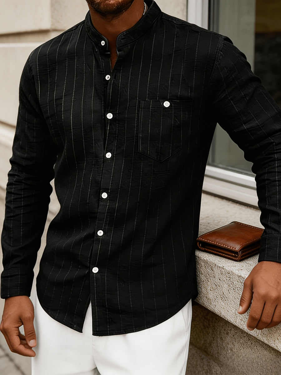 Men's Linen Long-Sleeve Striped Shirt for Spring, Autumn, and Summer, Suitable for Casual, Commuting, and Outings - Black