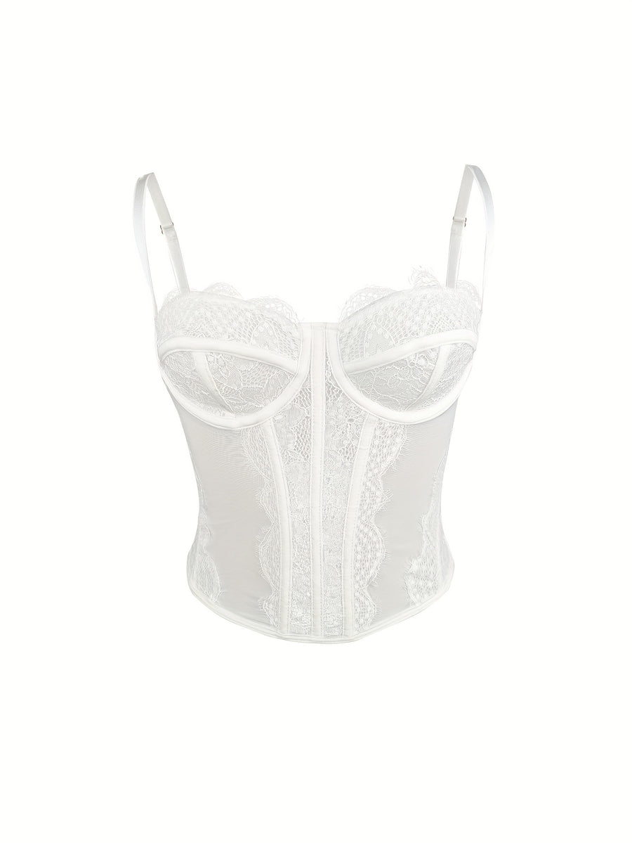 Sexy Lace Fitted Vest Top - Bodycon Cut, V-Neck, Sleeveless, Solid Color, with Exquisite Lace Detail, Suitable for Fashion Style, Lace Top - White