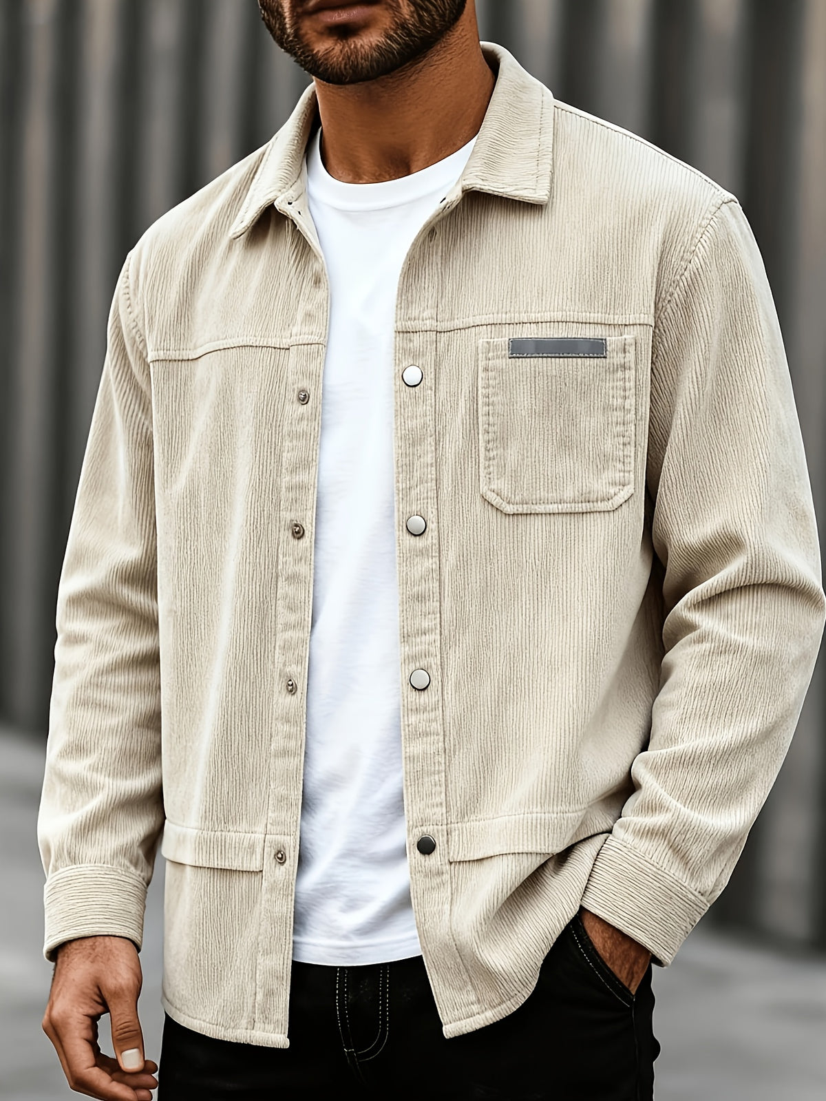 Men'S Metal Buckle Apricot Casual Retro Lapel Corduroy Design Single Pocket Workwear Style Jacket Casual Shopping Super Suitable for Commuting to Work Weekend Trips Daily Wear Are Suitable Spring And Autumn New Long-Sleeved Jacket - Apricot