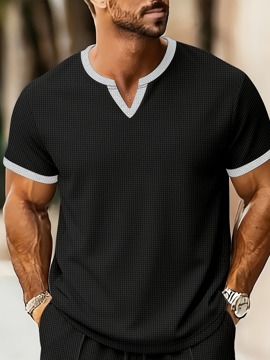 Men'S Solid Waffle Knit V-Neck Tee, Contrast Edge Short Sleeve Casual Daily T-Shirt - Black