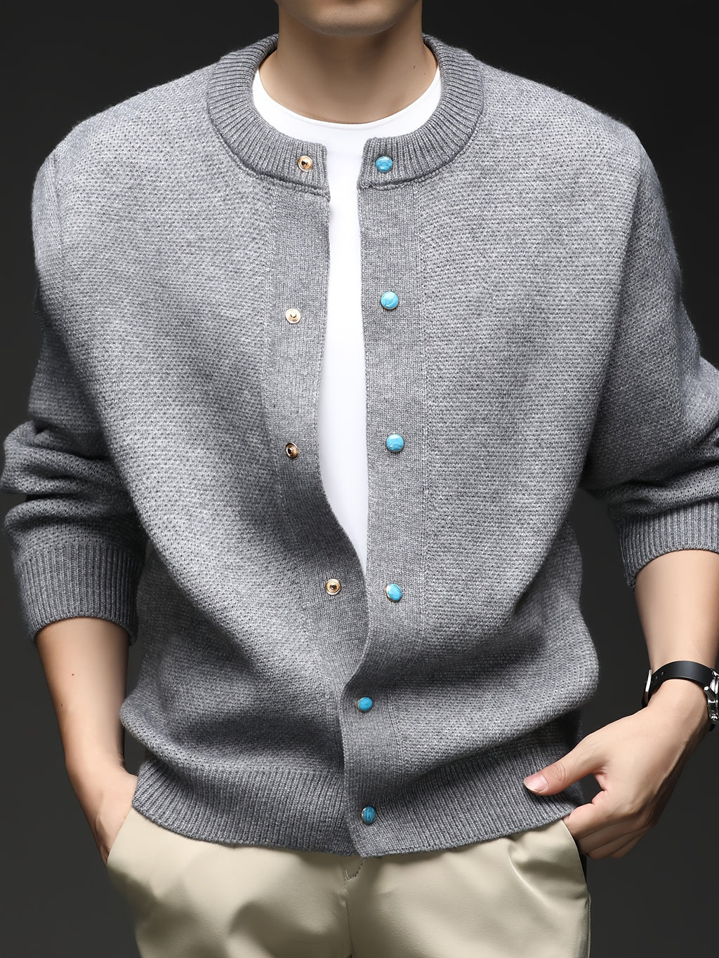 Du Jing Lan OBM Spring/Autumn New Arrival Men's Knitted Cardigan, Thickened Old Money Style Textured Solid Color Crew Neck Long Sleeve Open Front Knit Sweater, Men's Business Casual Fashion Single-Breasted Ribbed Sweater Jacket, Suitable for Layering - Light Grey