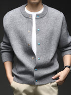 Du Jing Lan OBM Spring/Autumn New Arrival Men's Knitted Cardigan, Thickened Old Money Style Textured Solid Color Crew Neck Long Sleeve Open Front Knit Sweater, Men's Business Casual Fashion Single-Breasted Ribbed Sweater Jacket, Suitable for Layering - Light Grey
