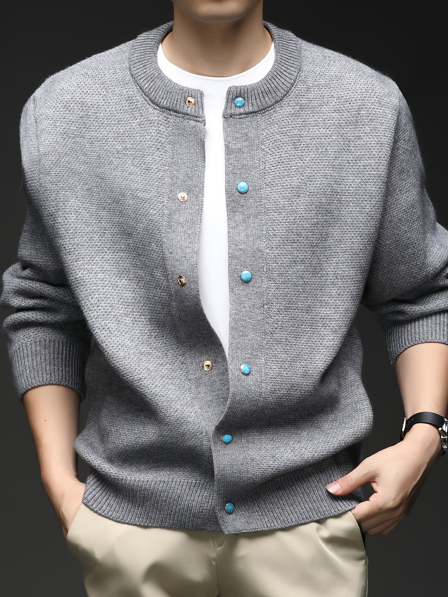 Du Jing Lan OBM Spring/Autumn New Arrival Men's Knitted Cardigan, Thickened Old Money Style Textured Solid Color Crew Neck Long Sleeve Open Front Knit Sweater, Men's Business Casual Fashion Single-Breasted Ribbed Sweater Jacket, Suitable for Layering - Light Grey