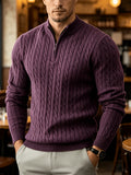 New Spring/Autumn Men's Half-Zip Stand Collar Cable Knit Long-Sleeve Sweater. The Stand Collar and Half-zip Design with Three-dimensional Cable Knitting Make It Suitable for Daily Commutes, Light Business Meetings, and Casual Gatherings - Purple