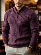 New Spring/Autumn Men's Half-Zip Stand Collar Cable Knit Long-Sleeve Sweater. The Stand Collar and Half-zip Design with Three-dimensional Cable Knitting Make It Suitable for Daily Commutes, Light Business Meetings, and Casual Gatherings - Purple