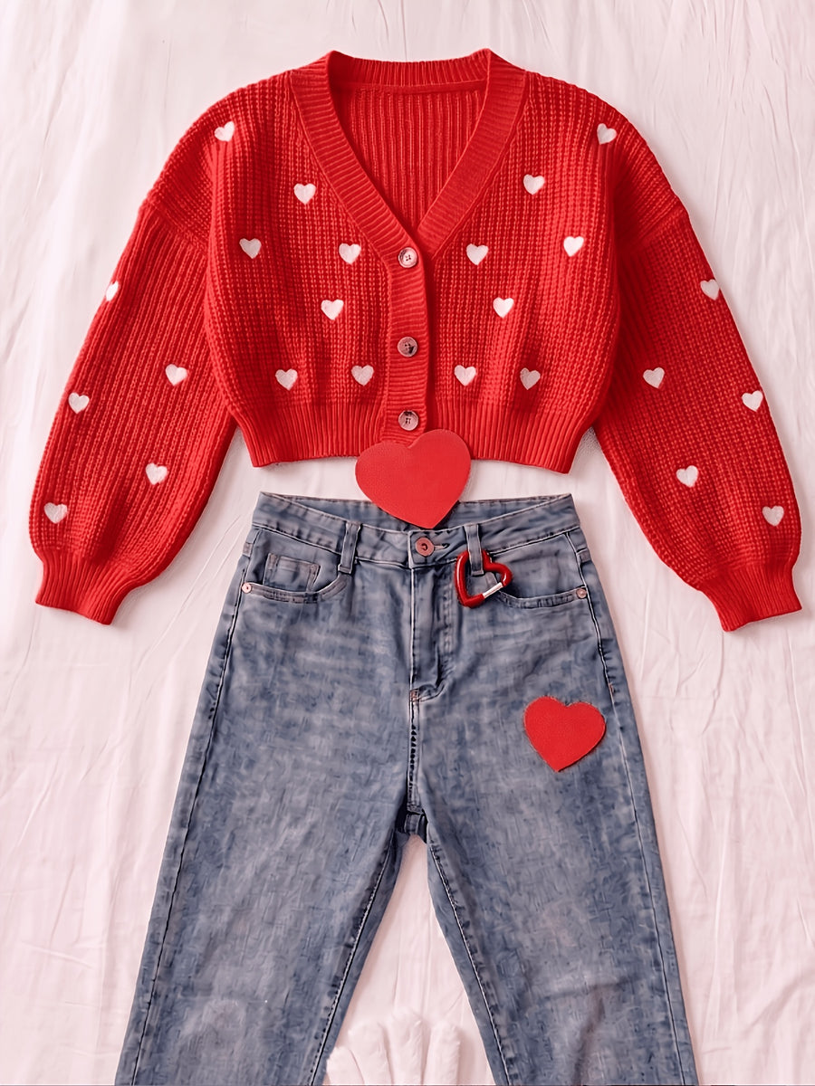 Women's Cardigan with Embroidered Heart, Contrast Color Pattern, V-Neck, Cropped Style, Button-Up Outerwear; Red Cropped Cardigan with Heart Embroidery, Long Sleeves, V-Neck, Versatile Girly Style Jacket Top - 【Red】
